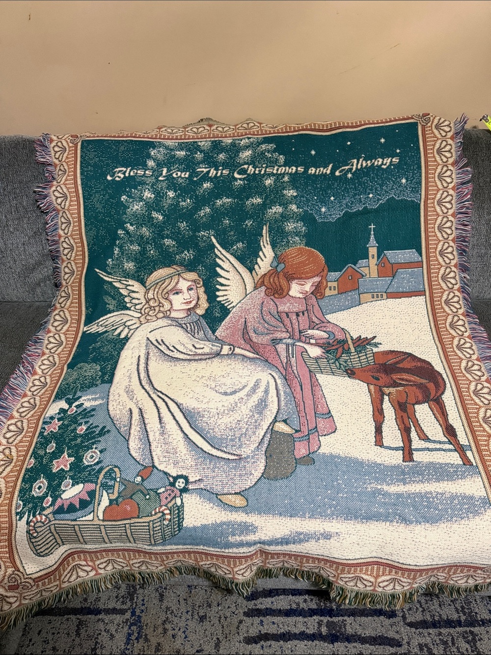 Holiday Angel Tapestry Throw Blanket - Teal and White